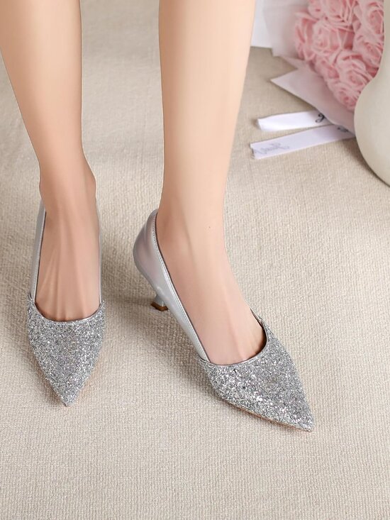 Shoes - Women's Silver Kitten High Heels 2 Inch Sequin Pointed Toe Leather Pumps Shoes